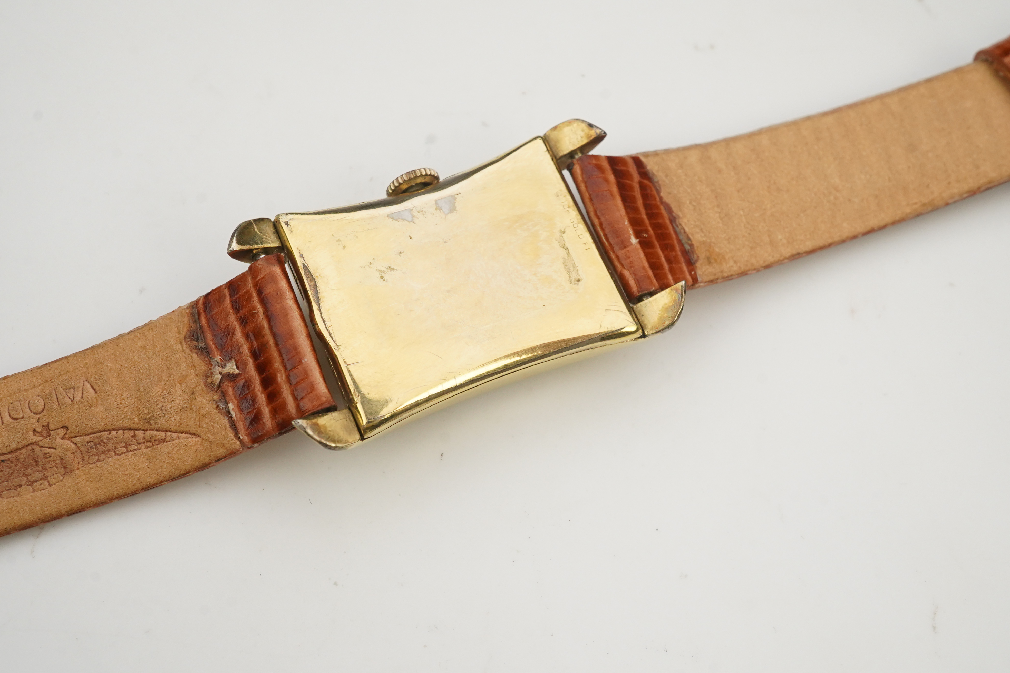 A gentleman's 1950's 10k gold filled Longines manual wind wrist watch, on a later associated leather strap